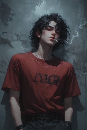 1boy, solo, messy hair, shirt, black hair, red-tone hair, golden-red hue highlight, holding, standing, closed mouth, closed eyes, attitude, red shirt, buttonless shirt, male focus, stand, indoor, on back, shirt, wall, smoke, cigarette, smoking, holding cigarette,score_tag, sunset light, twilight lights, dramatic light, retro light, raw photo, ultra detailed, hyper realistic, detailed photo, photoshoot,more detail XL