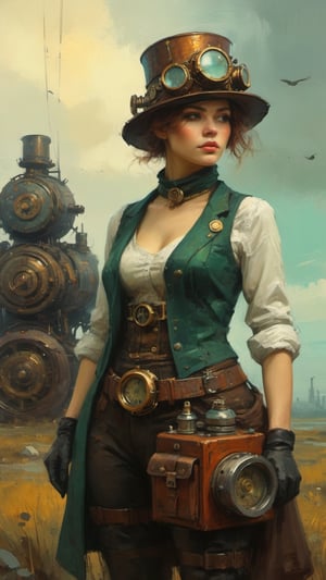 retro future 1920 steampunk Irish girl mechanical engine hat and waist belt. retro clothes by Ismail Inceoglu and Jeremy Mann,oil painting,more detail XL