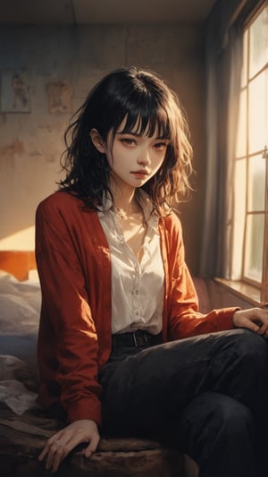 1girl, solo, messy hair, shirt, black hair, red-tone highlight hair, golden-red hue highlight, holding, sitting, closed mouth, detiled eyes, attitude, red shirt, open shirt, girl focus, indoor, shirt, red couch, drink, coffee, drinking, holding mug,score_tag, sunset light, twilight lights, dramatic light, retro light, raw photo, ultra detailed, hyper realistic, detailed photo, photoshoot,more detail XL