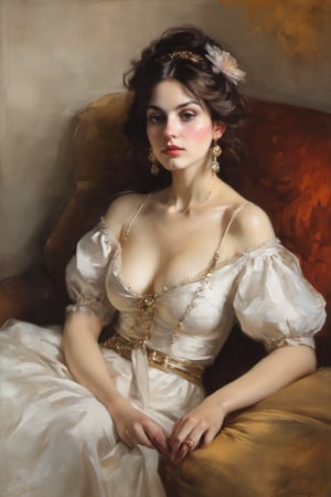 An oil painting in the style of John Singer Sargent and a print by Ivana Besevic, the lighting style of Rembrandt. A beautiful portrait of a 1800 centuries attractive women. lying sofa, A detailed, beautiful, girlish face. Narrow nose, beautiful, large eyes and full lips,(brilliant composition), looking_at_viewer 