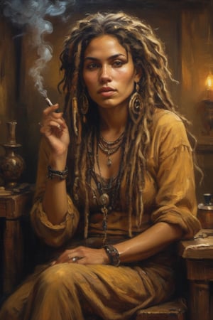 The camera captures a captivating Gypsy woman seated in a cozy, smoking pipe, golden-hued studio atmosphere. Her luminous complexion shines against the blurred background, as her arresting facial features are framed by a wild tangle of dreadlocks that spill down her back like a luxuriant waterfall of dark silk.vaping