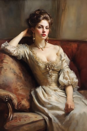 An oil painting in the style of John Singer Sargent and a print by Ivana Besevic, the lighting style of Rembrandt. A beautiful portrait of a 1800 centuries attractive women. lying sofa, A detailed, beautiful, girlish face. Narrow nose, beautiful, large eyes and full lips,(brilliant composition), looking_at_viewer 