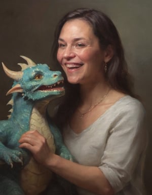 oil painting of a cheerful woman and her affectionate pet dragon soft even lighting rim lights in a portrait studio