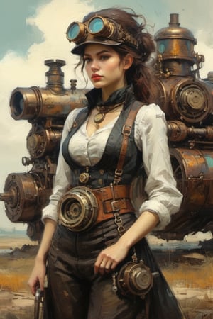 retro future 1890 steampunk english girl mechanical engine waist belt. retro clothes by Ismail Inceoglu and Jeremy Mann,oil painting,more detail XL