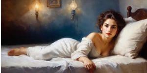 An oil painting in the style of John Singer Sargent and a print by Ivana Besevic, the lighting style of Rembrandt. A beautiful portrait of a  attractive women. laying on a bed. A detailed, beautiful, girlish face. Narrow nose, beautiful, large eyes and full lips,(brilliant composition) ,oil painting