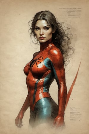 Spiderwoman suit Marvel character design colorful art by Jeremy Mann and Carne Griffith,on parchment,ink illustration