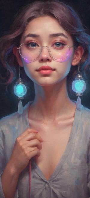 Girl face neon lights and tungsten lighting colorful iridescent detailed lighting inspired by Hayao Miyazaki,lofi vibe,oil painting