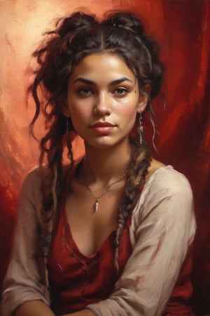 A serene and alluring Gypsy girl sits confidently in a warm, red-lit studio setting. Her radiant complexion glows against the soft focus background, while her striking feature is framed by a messy bun of tangled dreadlocks that cascade down her back like a waterfall of dark, rich silk.,more detail XL