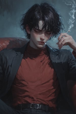 1boy, solo, messy hair, shirt, black hair, red-tone highlight hair, golden-red hue highlight, holding, sitting, closed mouth, closed eyes, attitude, red shirt, open shirt, male focus, lying, indoor, on back, shirt, red couch, smoke, cigarette, smoking, holding cigarette,score_tag, sunset light, twilight lights, dramatic light, retro light, raw photo, ultra detailed, hyper realistic, detailed photo, photoshoot,more detail XL