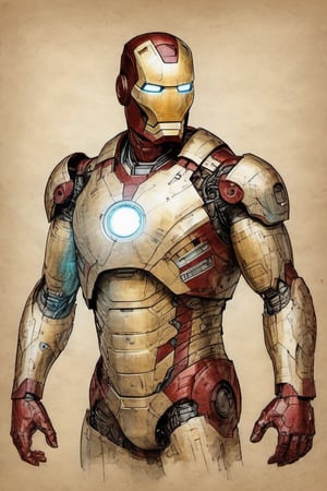 Ironman suit Marvel character design colorful art by Jeremy Mann and Carne Griffith,on parchment,ink illustration