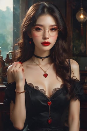 1girl, solo, long hair, looking at viewer, brown hair, holding, jewelry, heart, earrings, parted lips, glasses, choker, lips, black choker, portrait, red lips, heart choker,taiwan