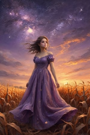 I girl,full body, standing in a corn field, Orange Princess dress,windy Twilight, Star in sky, the girl gazing the stars, (seeing sky:1.1),purple shade tone sky, realistic, very detailed, High quality background, dreamy like image, flawless beautiful pictures,mood setting aura,( low agle shot:1.2),Detailedface, dynamic posing,more detail XL