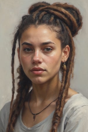 a portrait an beautiful young gypse girl, natural face, (bun dreadlocks hair, long dreadlocks hair, multiple dreadlocks)