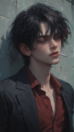 Moody solo portrait of a boy with messy black hair and striking golden-red highlights. He stands against a white wall, red shirt open to reveal a hint of chest, cigarette dangling from his lips as he exhales smoke into the twilight air. The sun's warm glow casts long shadows across his face, eyes closed in a rebellious pose. The soft focus and blurred background accentuate the boy's rugged attitude.