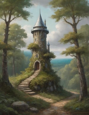 oil painting of a a wizard's tower in a clearing in the woods, a wizard tower that is topped with a glass and steel dome magical forest with silver and gold leaves detailed and intricate a winding stone path leads to the tower,painting