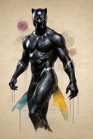 Black Panther suit Marvel character design colorful art by Jeremy Mann and Carne Griffith,on parchment,ink illustration
