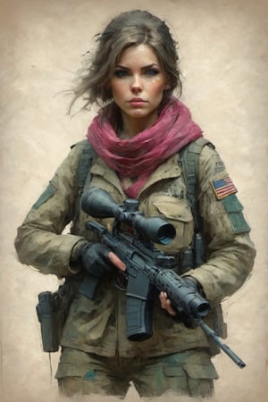 a army sniper girl. wear military clothes,. colorful art by Jeremy Mann and Carne Griffith,on parchment,digital painting.