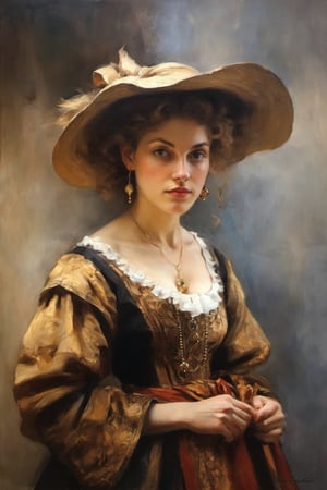 An oil painting in the style of John Singer Sargent and a print by Ivana Besevic, the lighting style of Rembrandt. A beautiful portrait of a 1600 centuries english village women. A detailed, beautiful, Narrow nose, beautiful, large eyes and full lips,(brilliant composition), looking_at_viewer 