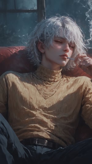 1boy, solo, messy hair, shirt, white hair, red-tone highlight hair, golden-red hue highlight, holding, sitting, closed mouth, closed eyes, attitude, yellow sweater, male focus, lying, indoor, on back, sweater, red couch, smoke, cigarette, smoking, holding cigarette,score_tag, neon light, night lights, cinematic light, raw photo, ultra detailed, hyper realistic, detailed photo, photoshoot,more detail XL