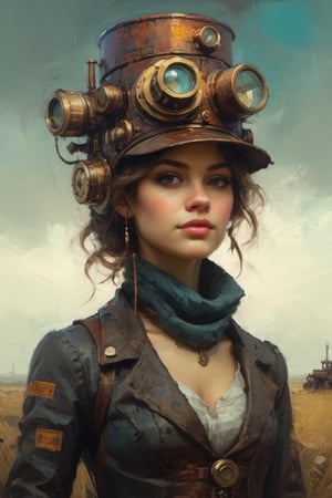 retro future 1890 steampunk american girl mechanical engine hat by Ismail Inceoglu and Jeremy Mann,oil painting,more detail XL