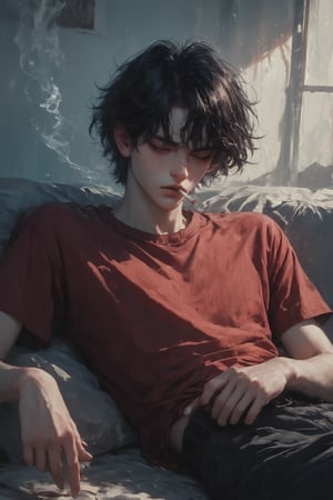 1boy, solo, messy hair, shirt, black hair, red-tone hair, golden-red hue highlight, holding, sitting, closed mouth, closed eyes, attitude, red shirt, buttonless shirt, male focus, lying, indoor, on back, shirt, couch, smoke, cigarette, smoking, holding cigarette,score_tag, sunset light, twilight lights, dramatic light, retro light, raw photo, ultra detailed, hyper realistic, detailed photo, photoshoot,more detail XL