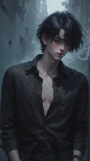 1boy, solo, messy hair, shirt, black hair, red-tone highlight hair, golden-red hue highlight, holding, standing, closed mouth, closed eyes, attitude, checked shirt, open shirt, male focus, stand against wall, outdoor, on back, shirt, wall, smoke, cigarette, smoking, holding cigarette,score_tag, rainfall, neon lights, retro light, neon and shadow, raw photo, ultra detailed, hyper realistic, detailed photo, photoshoot,more detail XL