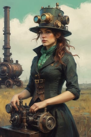 retro future 1890 steampunk Irish girl mechanical engine hat by Ismail Inceoglu and Jeremy Mann,oil painting