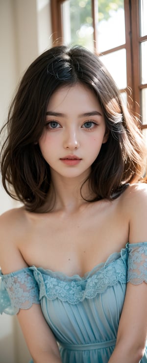 A tenderly lit, warm-toned portrait of a sweet-faced girl with a soft smile, her bright blue eyes sparkling with innocence. , She standing comfortably , wearing a gentle expression, with a few loose strands of curly brown hair framing her heart-shaped face.,Japanese, 8k, 1 girl - key lighting, dress, detailed face, off shoulder, dynamic move, windows,,blue flower dress(yellow ) 