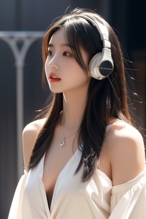 1girl, solo, long hair, looking at the audience, black hair, jewelry, necklace, dark eyes, lips, headphones, ring, realistic, one side of the dress fell down, revealing white shoulders, no underwear, medium chest