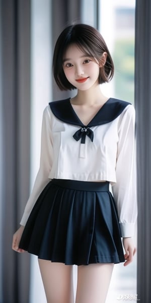 1 girl, 18 years old, open mouth, smile, short hair, (droopy eyes), very cute face, slender figure, semi-mature body, Short skirt,round face, edge light, blurred background, plump cheeks, slightly black skirt, sailor girl, chest curtain, JK, 1 girl,<lora:659111690174031528:1.0>