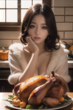 (best quality, masterpiece, perfect face), a ((Thanksgiving Turkey:1.5)), morning light, kitchen background (hyper realism, soft light, dramatic light, sharp, HDR),1 girl, ,JeeSoo 