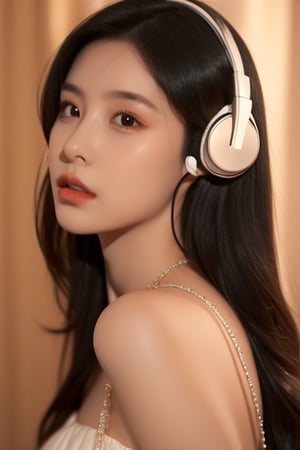 1girl, solo, long hair, looking at the audience, black hair, jewelry, necklace, dark eyes, lips, headphones, ring, realistic, one side of the dress falls down, revealing a white shoulder