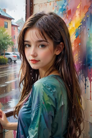 1girl, solo, long hair, looking at viewer, brown hair, closed mouth, upper body, little smile,mole, lips, colorful abstract paint on the wall behind her. water color, rain by Daniel Gerhartz