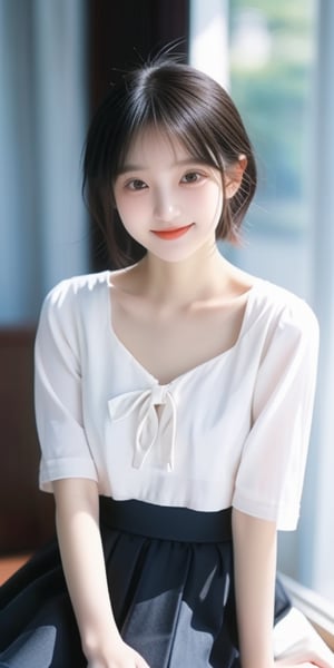 1 girl, 18 years old, open mouth, smile, short hair, (droopy eyes), very cute face, slender figure, semi-mature body, round face, edge light, blurred background, plump cheeks, slightly black skirt, sailor girl, chest curtain, JK, 1 girl,<lora:659111690174031528:1.0>