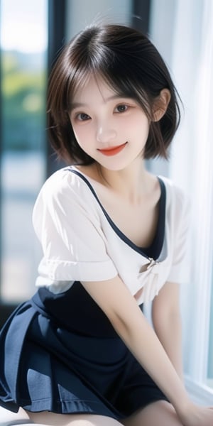 1 girl, 18 years old, open mouth, smile, short hair, (droopy eyes), very cute face, slender figure, semi-mature body, round face, edge light, blurred background, plump cheeks, slightly black skirt, sailor girl, chest curtain, JK, 1 girl,<lora:659111690174031528:1.0>