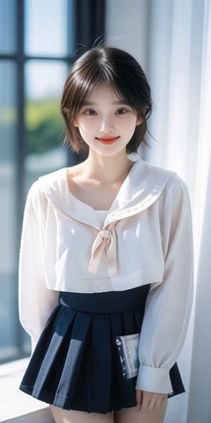 1 girl, 18 years old, open mouth, smile, short hair, (droopy eyes), very cute face, slender figure, semi-mature body, round face, edge light, blurred background, plump cheeks, slightly black skirt, sailor girl, chest curtain, JK, 1 girl,<lora:659111690174031528:1.0>