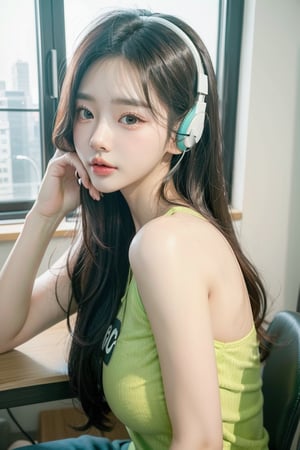 A beautiful Korean girl wearing a green shirt, wearing pinky gaming headphones, playing computer games, 28 years old, elegance,  one shoulder, sitting on an office chair, holding her cheek with one hand, black super long hair, clear hair, tired expression, Look at the lens lazily, super wide angle, backlighting, light and dark effects, realistic style,