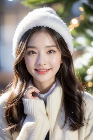 A close-up of a young beautiful woman's face, smiling at the viewer, wearing a colourful cardigan and fur coat, snowing, standing in the snow beside an outdoor Christmas tree, in an alpine forest with a log cabin in the background.,JeeSoo ,1 girl ,Ava,masterpiece,Breasts 