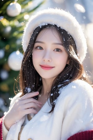 (((snow falling down anyway)))A close-up of a young beautiful woman's face, smiling at the viewer, wearing a colourful cardigan and fur coat, very big_snowing, standing in the snow beside an outdoor Christmas tree, in an alpine forest with a log cabin in the background.,JeeSoo ,1 girl ,Ava,masterpiece,Breasts 