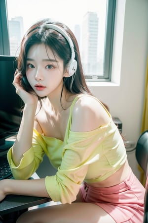 A beautiful Korean girl wearing a green shirt, wearing pinky gaming headphones, playing computer games, 28 years old, elegance,  one shoulder, sitting on an office chair, holding her cheek with one hand, black super long hair, clear hair, tired expression, Look at the lens lazily, super wide angle, backlighting, light and dark effects, realistic style,