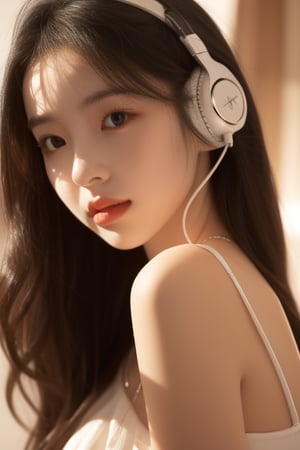 1girl, solo, long hair, looking at the audience, black hair, jewelry, necklace, dark eyes, lips, headphones, ring, realistic, one side of the dress falls down, revealing a white shoulder