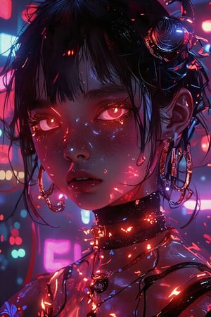 a close up of a woman wearing a shiny top and a choke, ross tran 8 k, glowing magical shiny skin, by Russell Dongjun Lu, beautiful digital artwork, brandon woelfel, ross tran style, bright cyberpunk glow, dreamy cyberpunk girl, artem demura beeple, cyberpunk vibes, in the style of ross tran, by Yanjun Cheng,Junji Ito,FantaVin Anime Art 