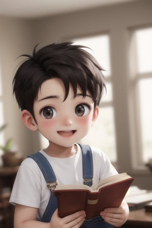 A young boy with a radiant smile, his short brown hair messy and endearing. He's dressed in worn overalls and a plain white shirt, his tiny hands cradling a book. His black hair is swept across his forehead, adding to his adorable charm. The camera captures him indoors, the background blurred to focus attention on his joyful face as he holds the book open-mouthed, his eyes shining with excitement.