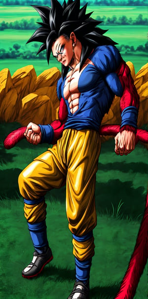 A formidable-looking Saiyan, with his characteristic black, spiky hair standing upright, is on the soccer field, proudly wearing the yellow jersey of the Colombian national team. His figure is athletic and muscular, reflecting the incredible strength and agility typical of his race.
His face has a determined and focused expression. His dark eyes shine brightly, reflecting his passion for the game and his fighting spirit. There is a slight smile of satisfaction on his face as he moves around the field, knowing that he has the skills to excel in any challenge he faces.
Colombia's jersey, vibrant yellow with blue and red details, fits perfectly around his muscular torso, highlighting his powerful physical build. On the back of the shirt, you can see the number 10, a nod to the great players in the history of Colombian soccer. He wears white shorts and red socks, completing the uniform. On his feet, he sports black soccer shoes with gold details that shine in the sun.