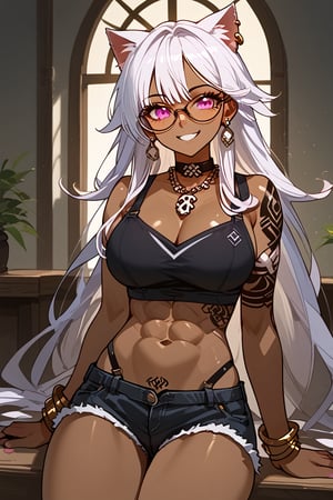 1girl, solo, cat girl, dark skin, house, looking at viewer, sitting, malicious smile, white hair, long hair, straight hair, bangs, viking tattoo, pink eyes, abs, six pack, slim waist, inverted triangle hips, big trapeze, bone collar, big chest, big ass, big thigh, earring, necklace, bracelet, bicep bracelet, choker, glasses, piercing, Expressiveh, sexy short tank top, sexy mini shorts, sexy panty strap,
