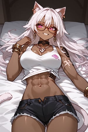 1girl, solo, cat girl, dark skin, house, lying down, chest puffed out, malicious smile, white hair, long hair, straight hair, bangs, viking tattoo, pink eyes, abs, six pack, slim waist, inverted triangle hips, big trapeze, bone collar, big chest, big ass, big thigh, earring, necklace, bracelet, bicep bracelet, choker, glasses, piercing, Expressiveh, sexy short tank top, sexy mini shorts, sexy panty strap,