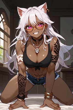 1girl, solo, cat girl, dark skin, house, on all fours, doggystyle, malicious smile, white hair, long hair, straight hair, bangs, viking tattoo, pink eyes, abs, six pack, slim waist, inverted triangle hips, big trapeze, bone collar, big chest, big ass, big thigh, earring, necklace, bracelet, bicep bracelet, choker, glasses, piercing, Expressiveh, sexy short tank top, sexy mini shorts, sexy panty strap,
