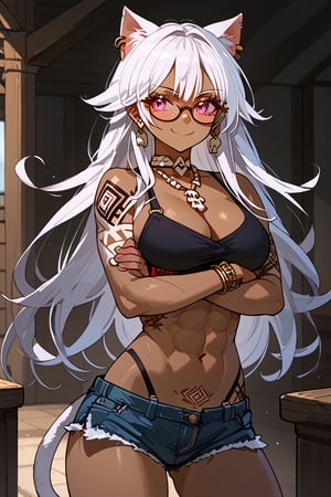 1girl, solo, cat girl, dark skin, house, crossed arms, malicious smile, white hair, long hair, straight hair, bangs, viking tattoo, pink eyes, abs, six pack, slim waist, inverted triangle hips, big trapeze, bone collar, big chest, big ass, big thigh, earring, necklace, bracelet, bicep bracelet, choker, glasses, piercing, Expressiveh, sexy short tank top, sexy mini shorts, sexy panty strap,