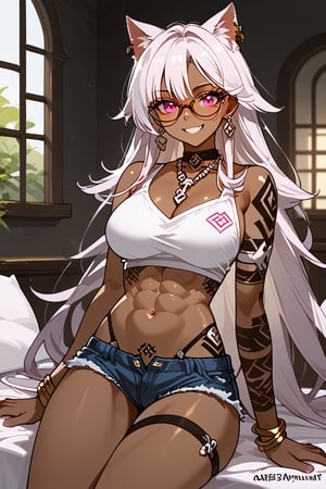 1girl, solo, cat girl, dark skin, house, looking at viewer, sitting, malicious smile, white hair, long hair, straight hair, bangs, viking tattoo, pink eyes, abs, six pack, slim waist, inverted triangle hips, big trapeze, bone collar, big chest, big ass, big thigh, earring, necklace, bracelet, bicep bracelet, choker, glasses, piercing, Expressiveh, sexy short tank top, sexy mini shorts, sexy panty strap,