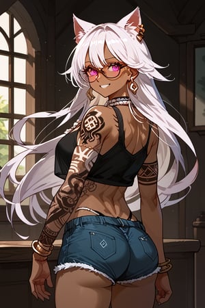 1girl, solo, cat girl, dark skin, house, ass, back, back view, malicious smile, white hair, long hair, straight hair, bangs, viking tattoo, pink eyes, abs, six pack, slim waist, inverted triangle hips, big trapeze, bone collar, big chest, big ass, big thigh, earring, necklace, bracelet, bicep bracelet, choker, glasses, piercing, Expressiveh, sexy short tank top, sexy mini shorts, sexy panty strap,